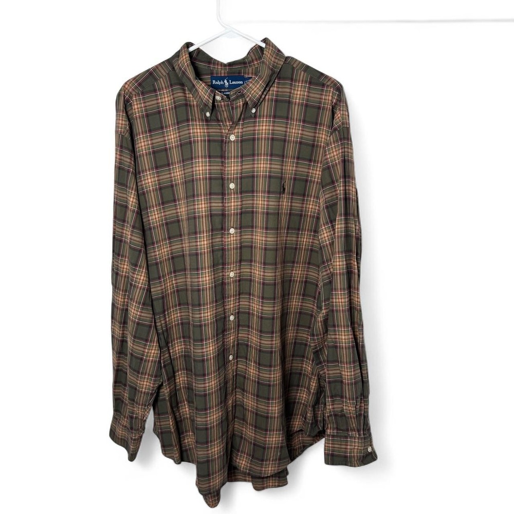 Polo Ralph Lauren Classic Fit Shirt Men's XXL Olive Brown Cotton Plaid